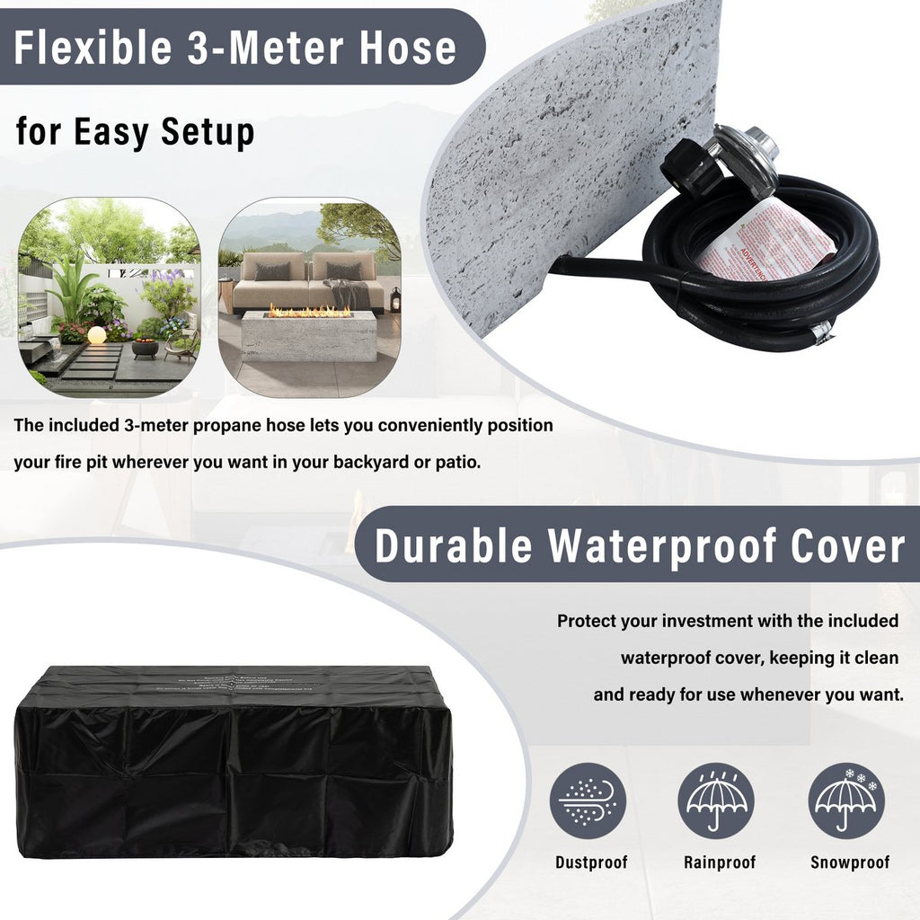 42 Rectangular Propane Fire Pit, 40,000 BTU MGO Outdoor Patio Heater with Cover & 10ft Hose, Light Grey