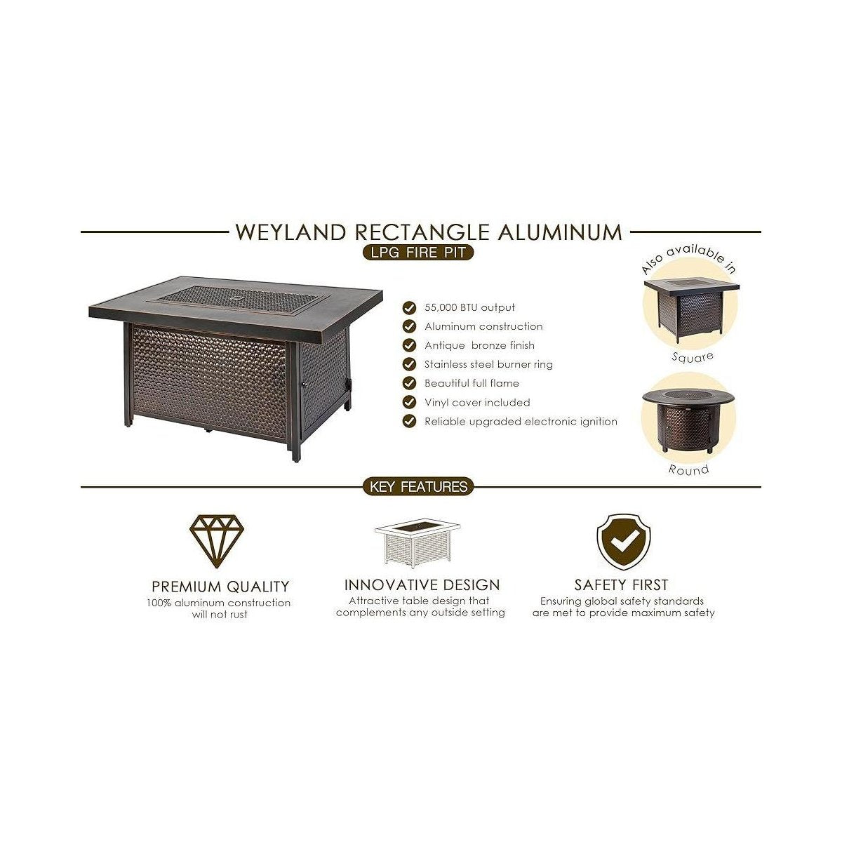 48” Weyland Hammered Aluminum Gas Fire Pit 55,000 BTU Multi-Functional Protective Cover and Clear Fire Glass Rectangle