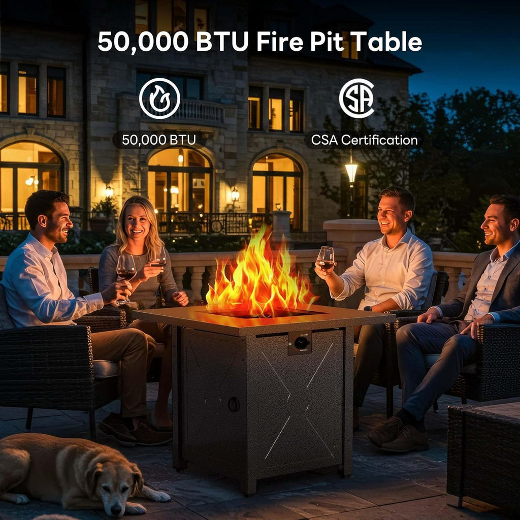 28 Inch Propane Fire Pit, 3-in-1 Multi-Use Outdoor Fire Pit Table, 50,000 BTU Steel Gas Fire Pit with Lid & Lava Rock, Add Warmth and Ambience