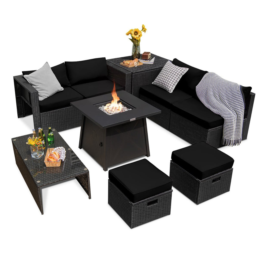 9PCS Patio Rattan Furniture Set Fire Pit Space-saving W/ Cushion cover