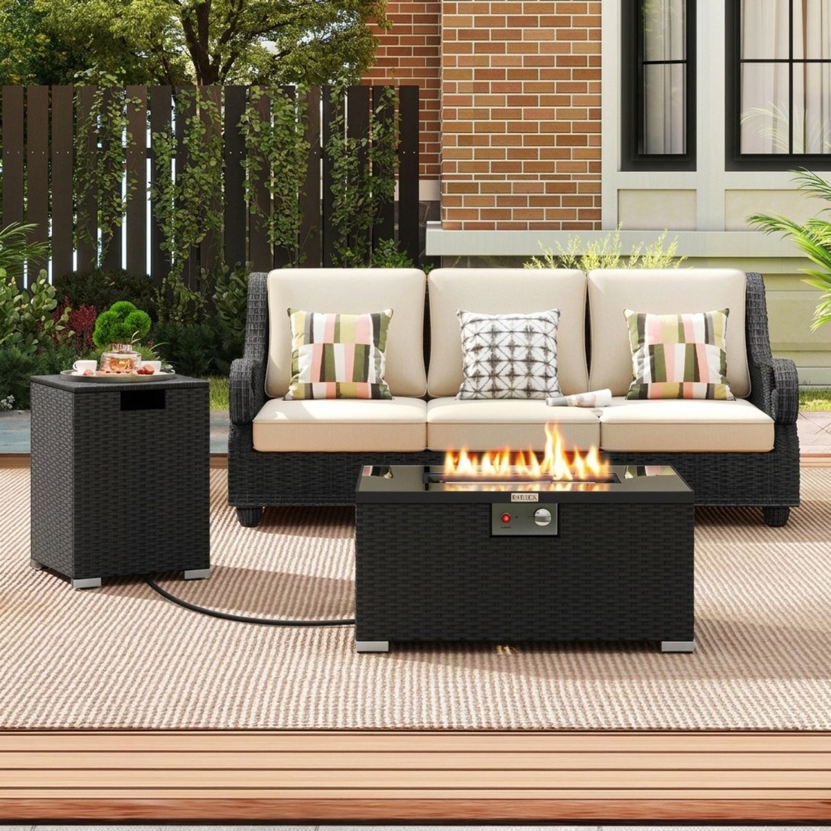 32 Inch Rectangular Propane Fire Pit Table Set 40,000 BTU Rattan with Tank Cover and Glass Top