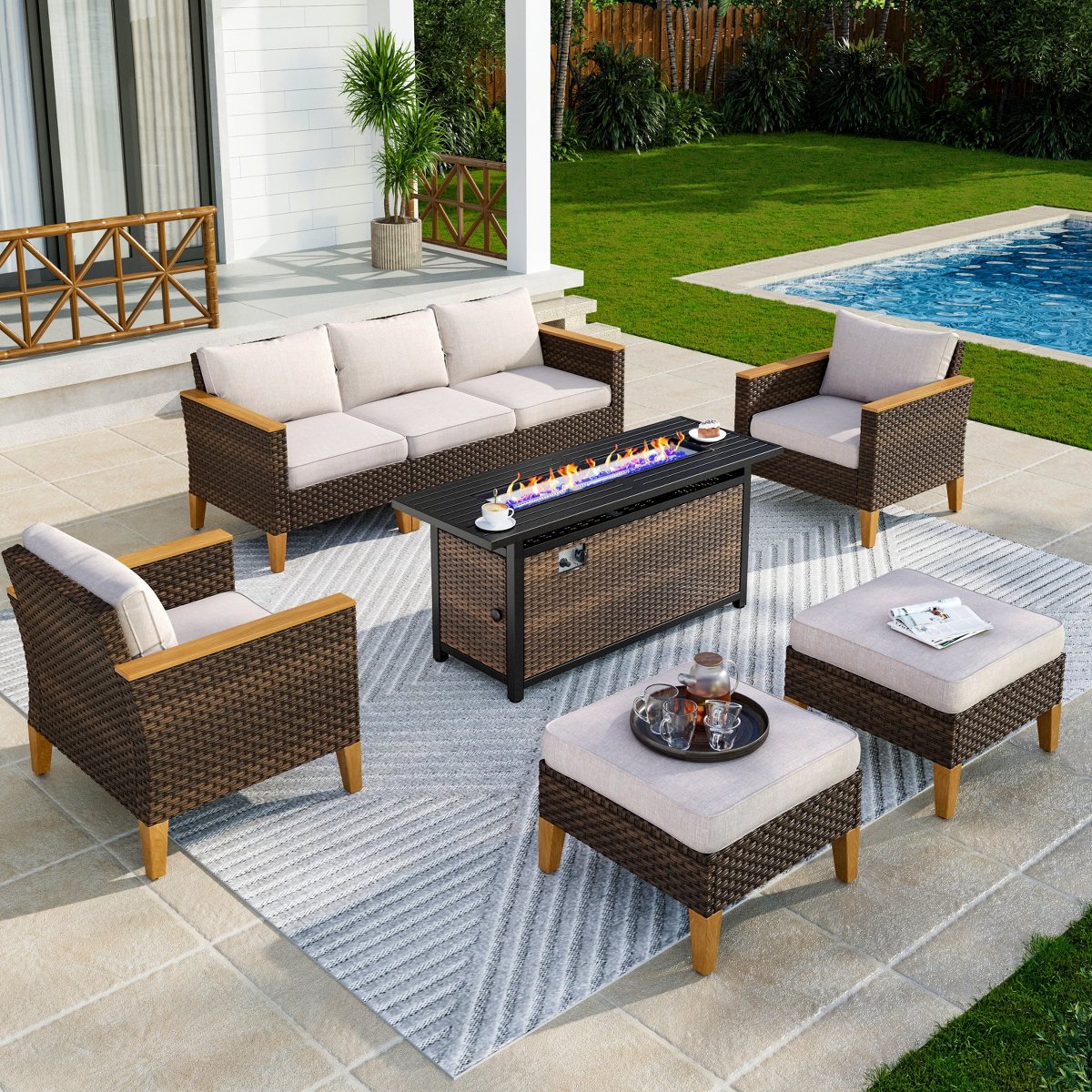 8pc Wicker Outdoor Patio Rattan Sectional Conversation Set with Fire Pit Table and Cushioned Ottoman