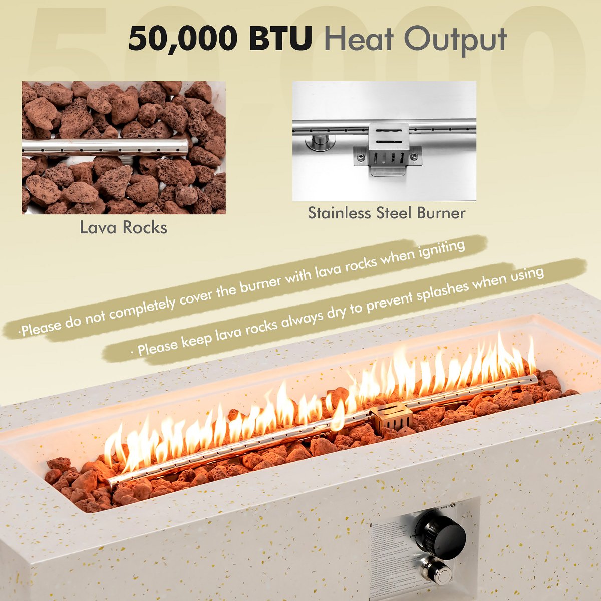 42'' Terrazzo Fire Pit Table 50,000 BTU Rectangle Propane Fire Pit with PVC Cover