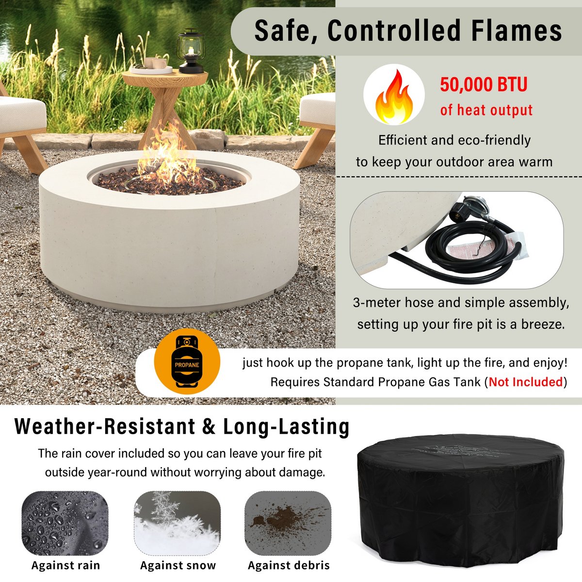 38 Round Propane Fire Pit Table, 50000 BTU Large Outdoor Fireplace with Faux Stone Finish, Lava Rocks & Waterproof Cover