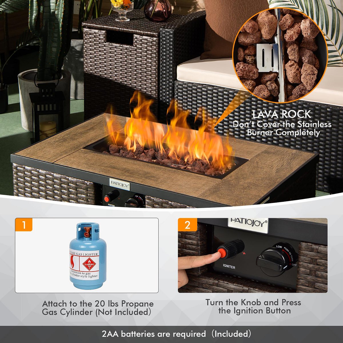 32x 20 Propane Rattan Fire Pit Table Set with Side Table Tank & Cover 40,000 BTU Grey/Coffee