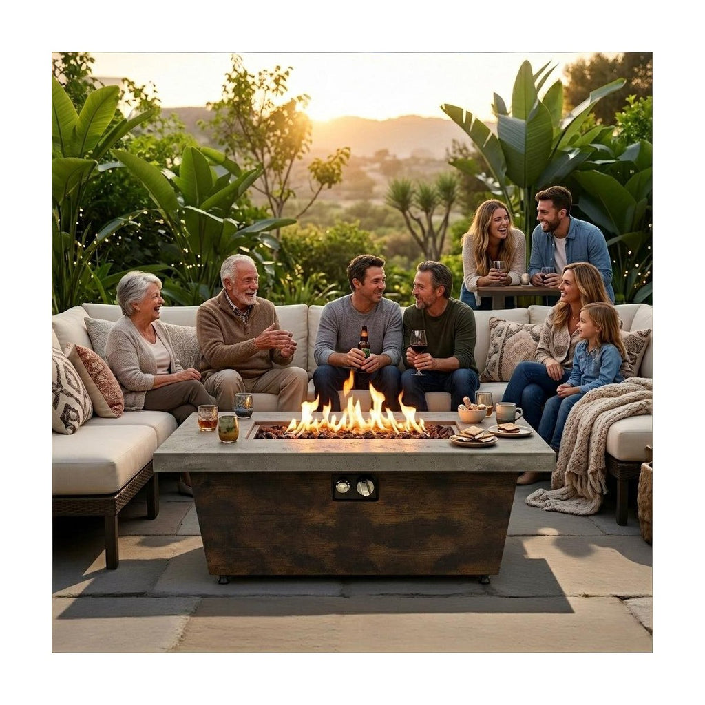 42 Outdoor Propane Gas Fire Pit Table 2-Pieces, 50000 BTU Rectangular Steel Fire Pit with Glass Wind Guard for Outside Patio Garden Courtyard -Gray