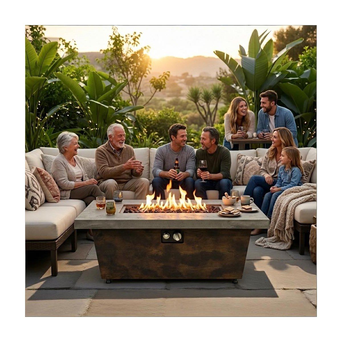 42 Outdoor Propane Gas Fire Pit Table 2-Pieces, 50000 BTU Rectangular Steel Fire Pit with Glass Wind Guard for Outside Patio Garden Courtyard -Gray