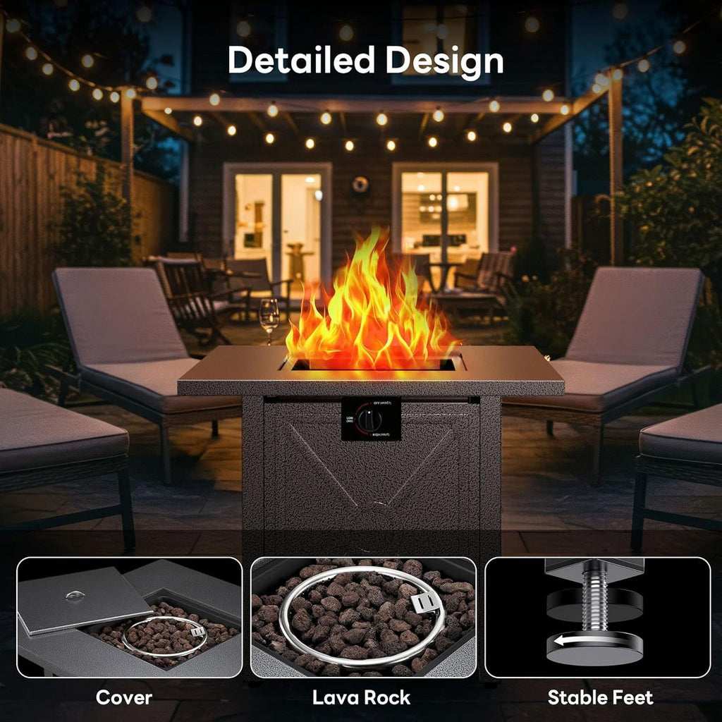 28 Inch Propane Fire Pit, 3-in-1 Multi-Use Outdoor Fire Pit Table, 50,000 BTU Steel Gas Fire Pit with Lid & Lava Rock, Add Warmth and Ambience