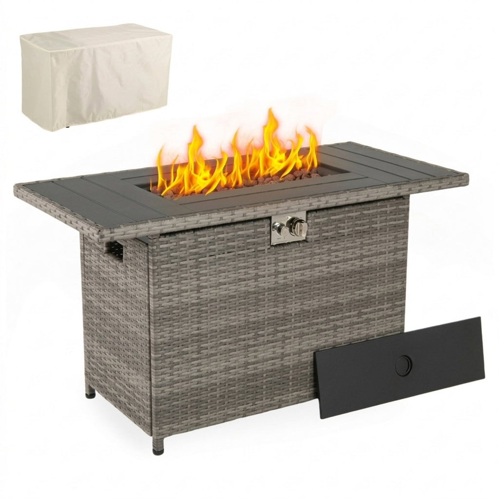 44.5-Inch Outdoor Fire Pit Table with Woven Rattan and Stainless Steel Burner, Doubles as a Patio Coffee Table, Gray