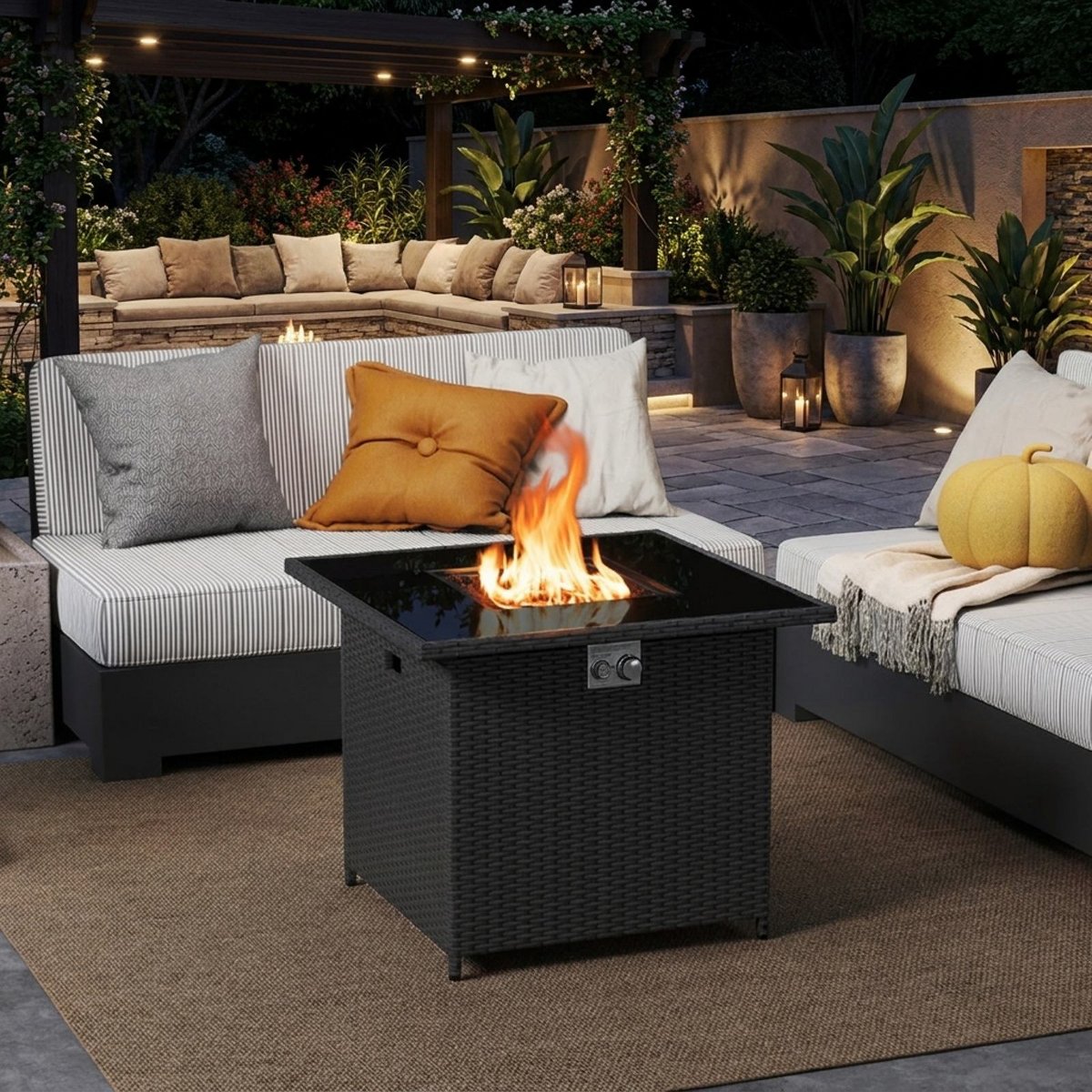 32.5 Inch Square Propane Fire Pit Table 50,000 BTU Outdoor Rattan with Glass Top and Cover, Black