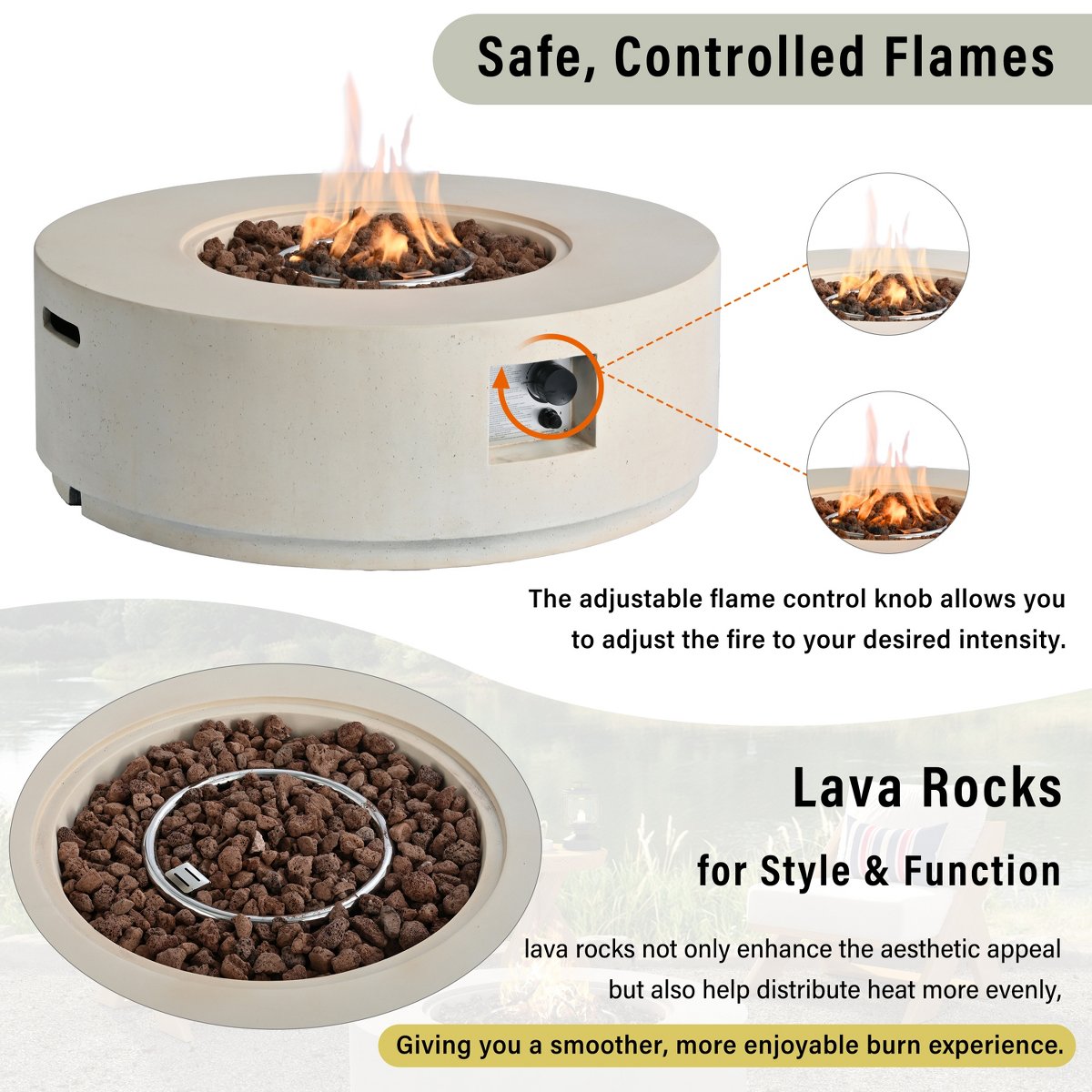 38 Round Propane Fire Pit Table, 50000 BTU Large Outdoor Fireplace with Faux Stone Finish, Lava Rocks & Waterproof Cover