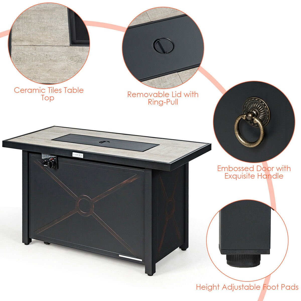 60,000 BTU 42'' Rectangular Propane Gas Fire Pit Heater Outdoor Table W/ Cover