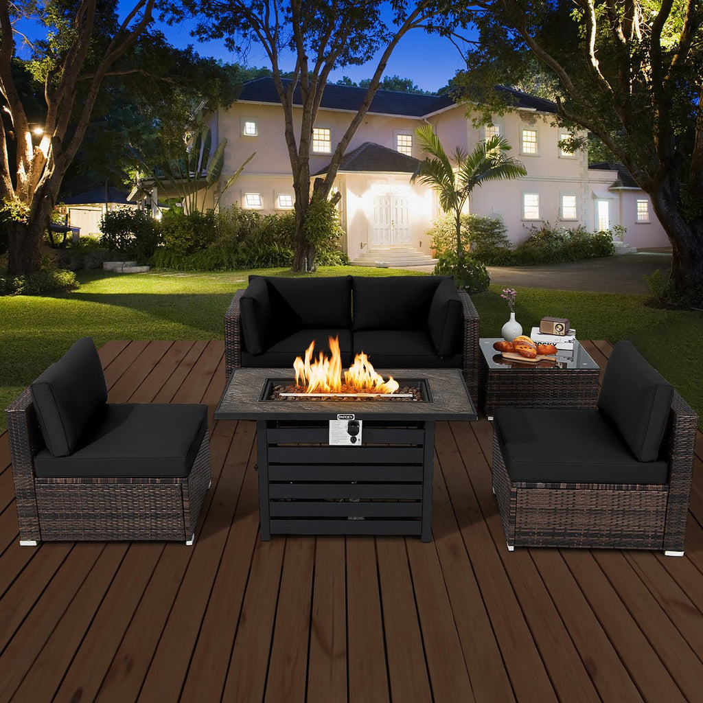 6PCS Patio Rattan Furniture Set 42'' Fire Pit Table Cover Sofa Cushion Off White/Black/Navy/Red/Turquoise
