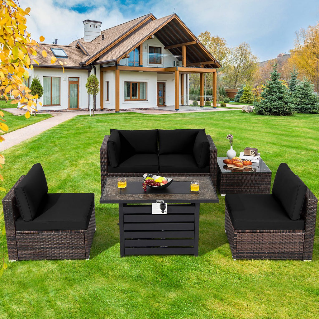6PCS Patio Rattan Furniture Set 42'' Fire Pit Table Cover Sofa Cushion Off White/Black/Navy/Red/Turquoise