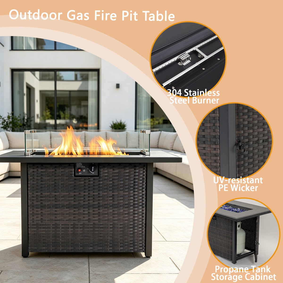 44 Rectangular Propane Fire Pit Table, 50,000 BTU 2-in-1 Outdoor Fireplace with Glass Guard, Black