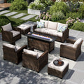 8pc Outdoor Patio Wicker Rattan Cushioned Sofa Fire Pit Set with Ottomans and Single Sofas