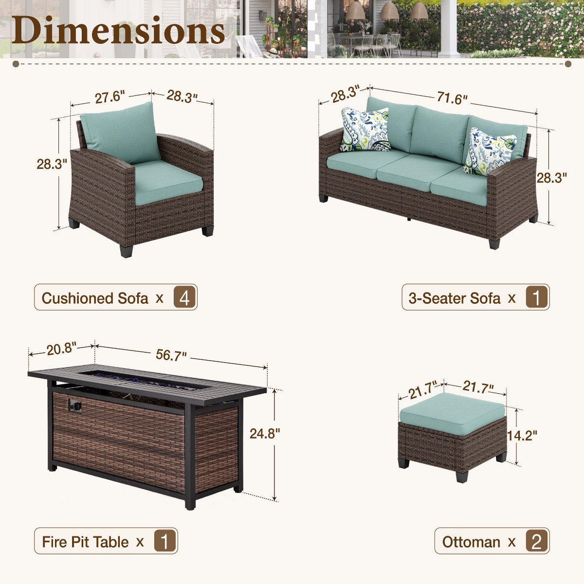 8pc Outdoor Patio Wicker Rattan Cushioned Sofa Fire Pit Set with Ottomans and Single Sofas