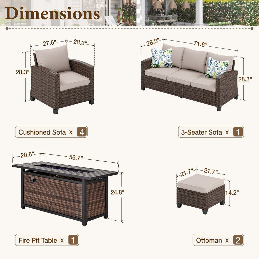 8pc Outdoor Patio Wicker Rattan Cushioned Sofa Fire Pit Set with Ottomans and Single Sofas
