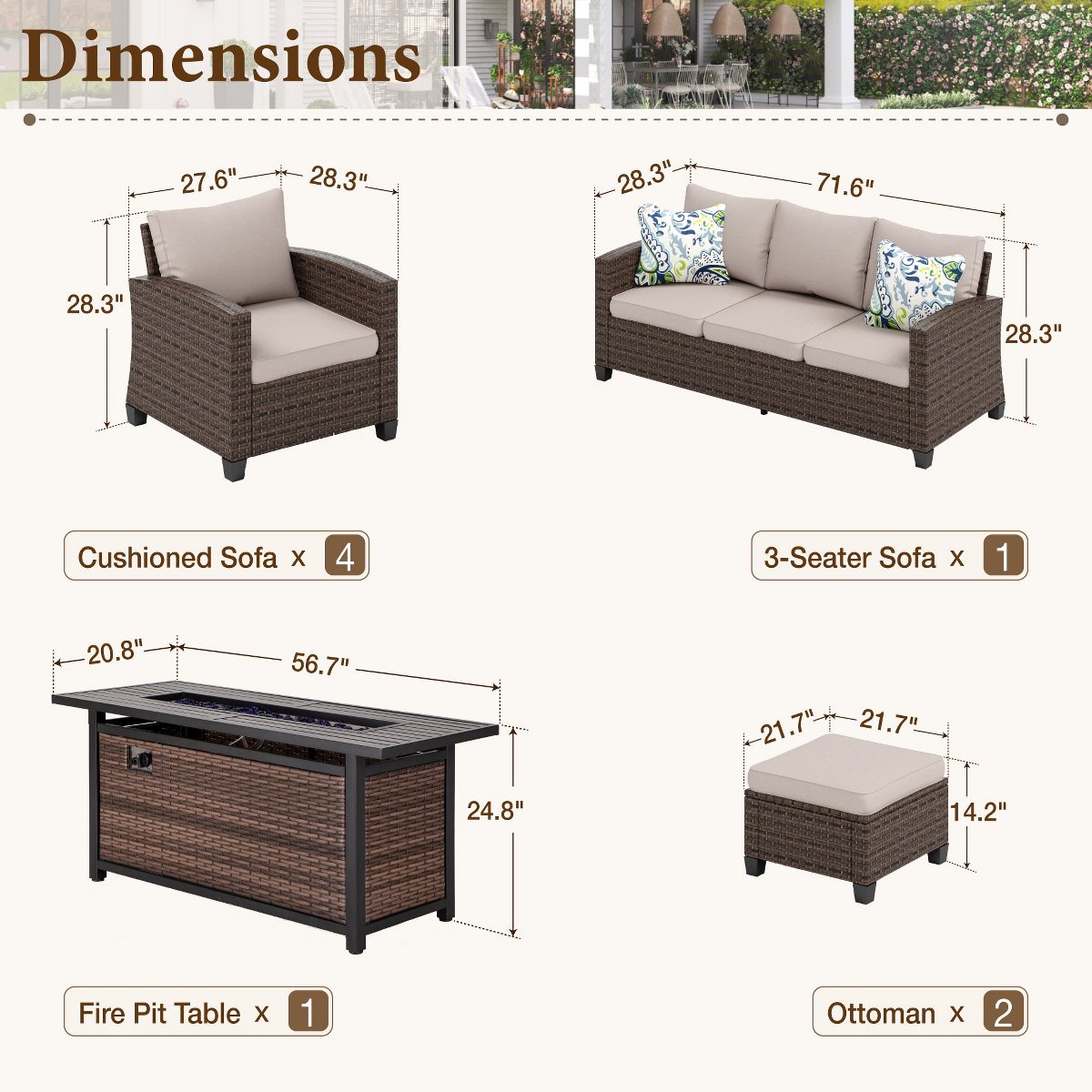 8pc Outdoor Patio Wicker Rattan Cushioned Sofa Fire Pit Set with Ottomans and Single Sofas