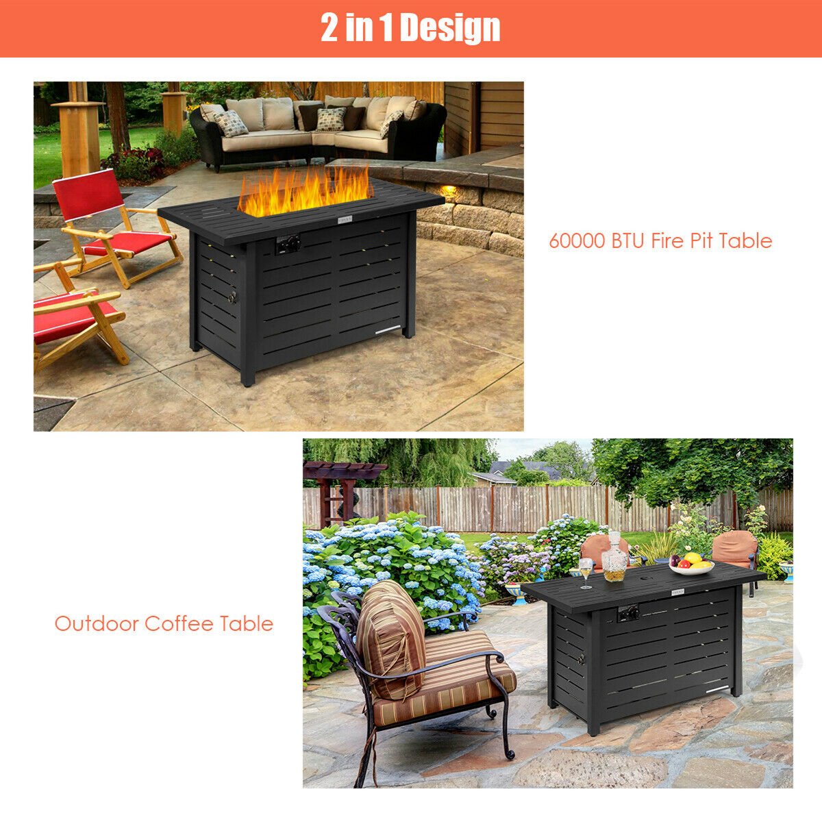 42'' Rectangular Propane Gas Fire Pit 60,000 Btu Heater Outdoor Table W/ Cover