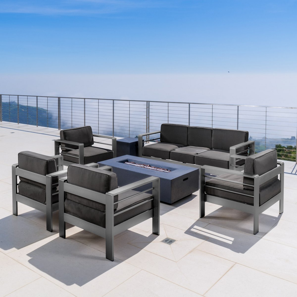 Cape Coral Outdoor Aluminum 7 Seater Sofa Chat Set with Fire Pit