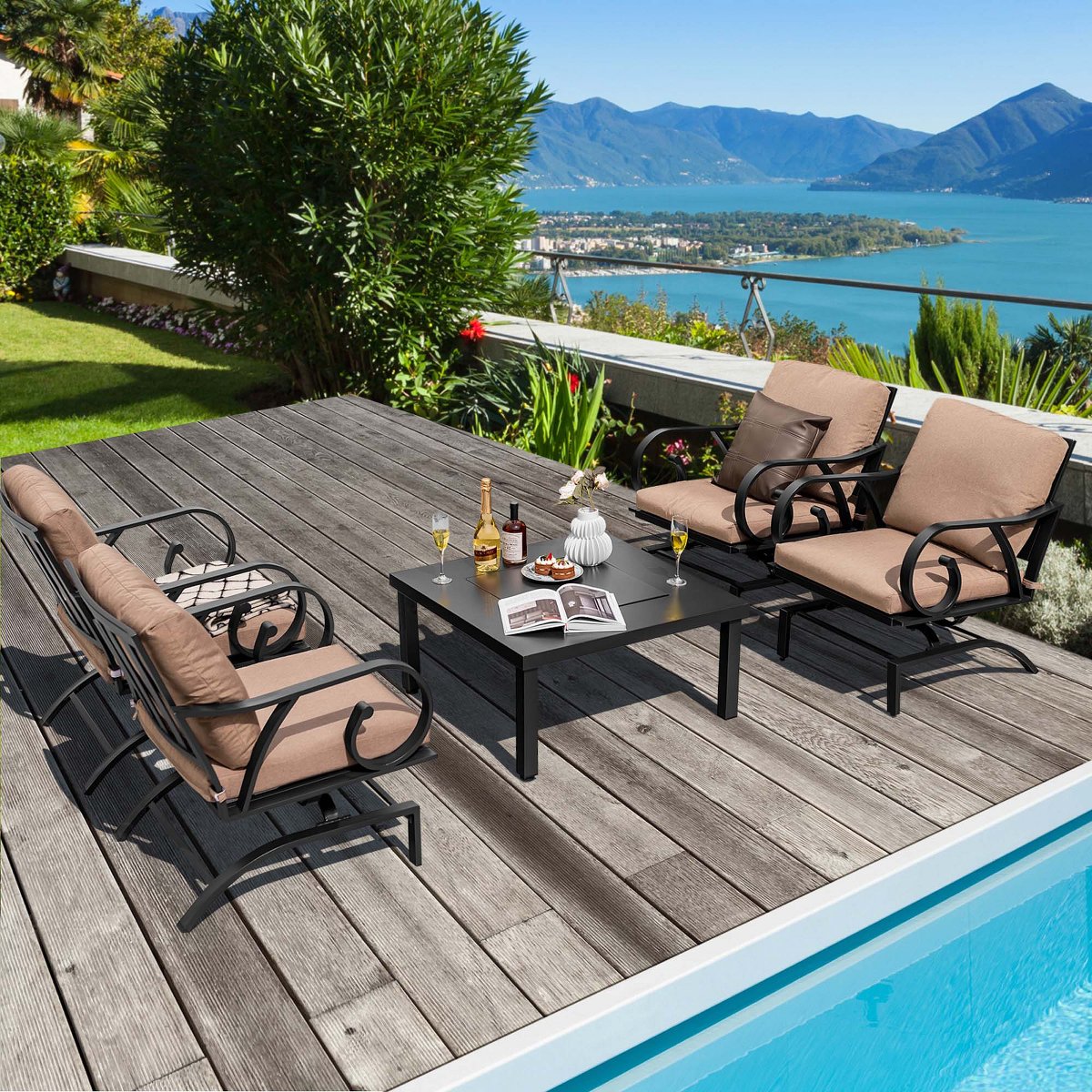 5pcs Patio Rocking Chairs 4-in-1 Fire Pit Table Heavy-Duty Conversation Outdoor