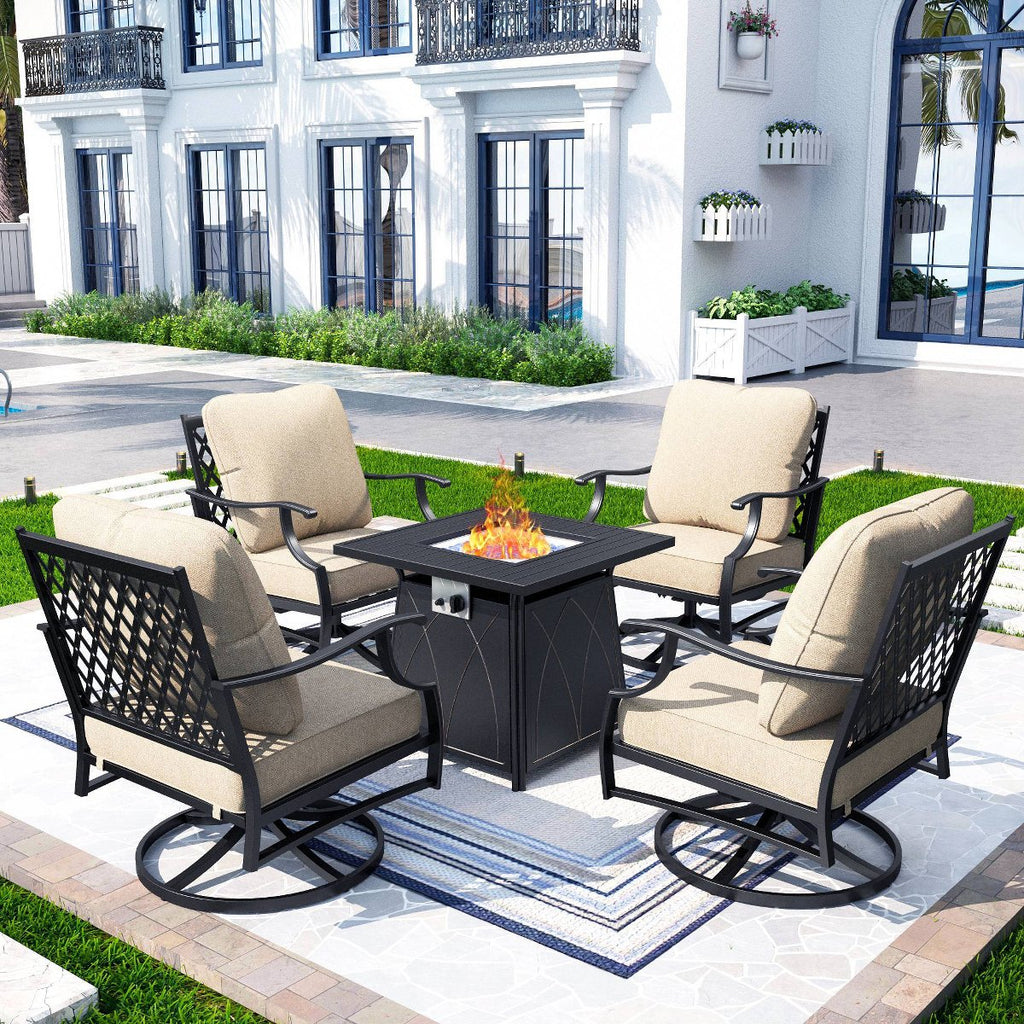 5pc XL Metal Outdoor Set Swivel Grid- Back Chairs with Fire Pit Beige