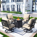 5pc XL Metal Outdoor Set Swivel Grid- Back Chairs with Fire Pit Beige