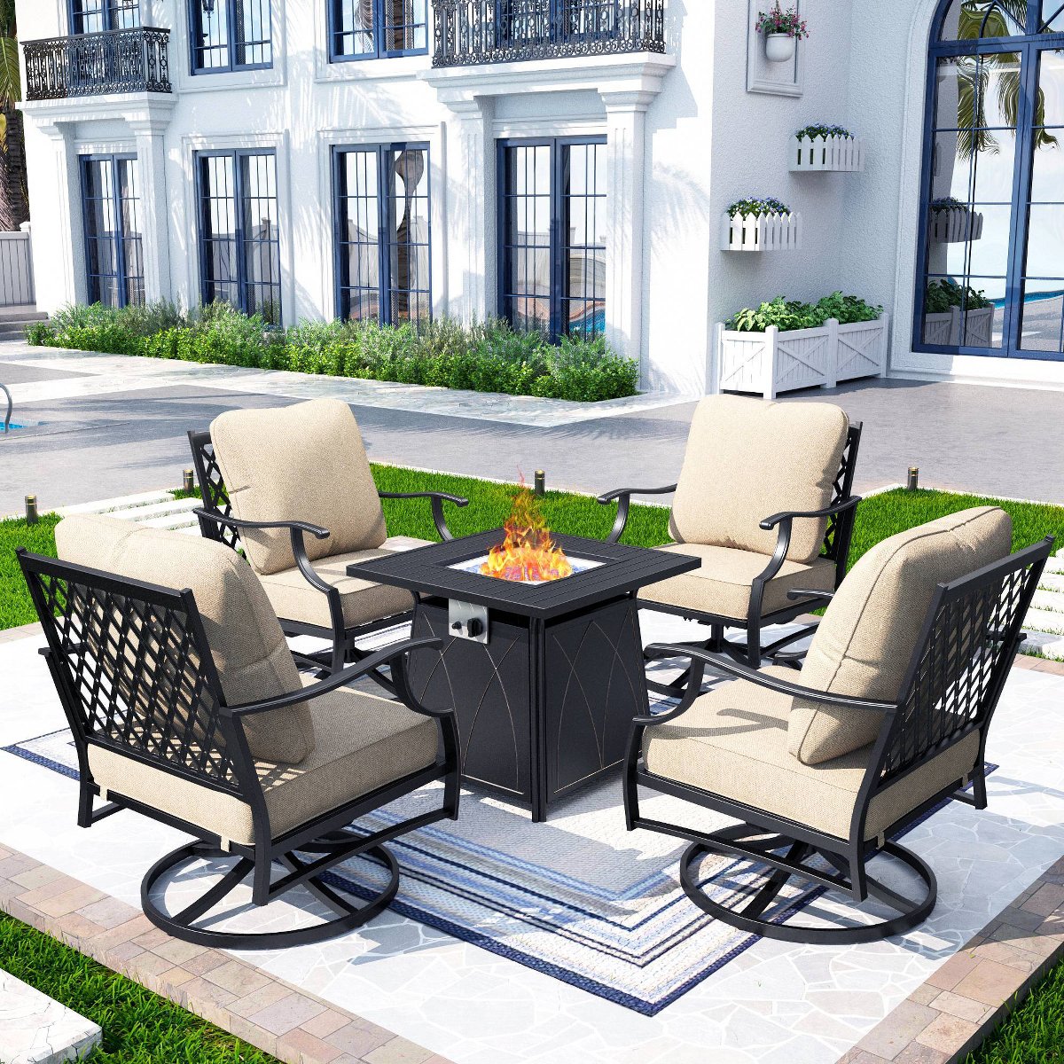 5pc XL Metal Outdoor Set Swivel Grid- Back Chairs with Fire Pit Beige