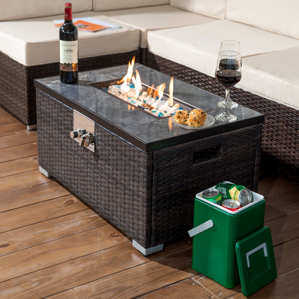 32 Propane Gas Fire Pit Table, 50,000 BTU Outdoor Tile Top Fireplace with Wicker Base & Cover, Brown