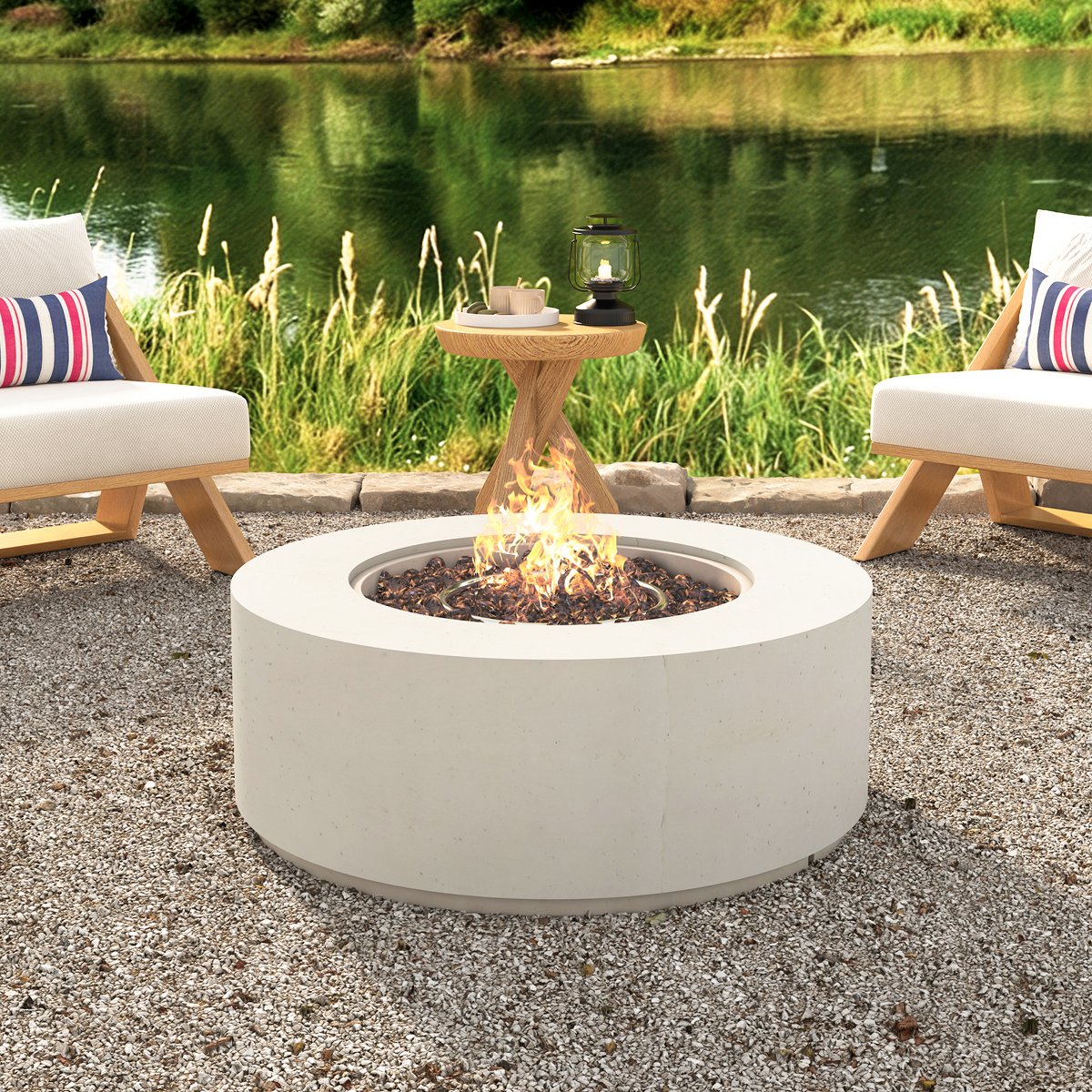 38 Round Propane Fire Pit Table, 50000 BTU Large Outdoor Fireplace with Faux Stone Finish, Lava Rocks & Waterproof Cover