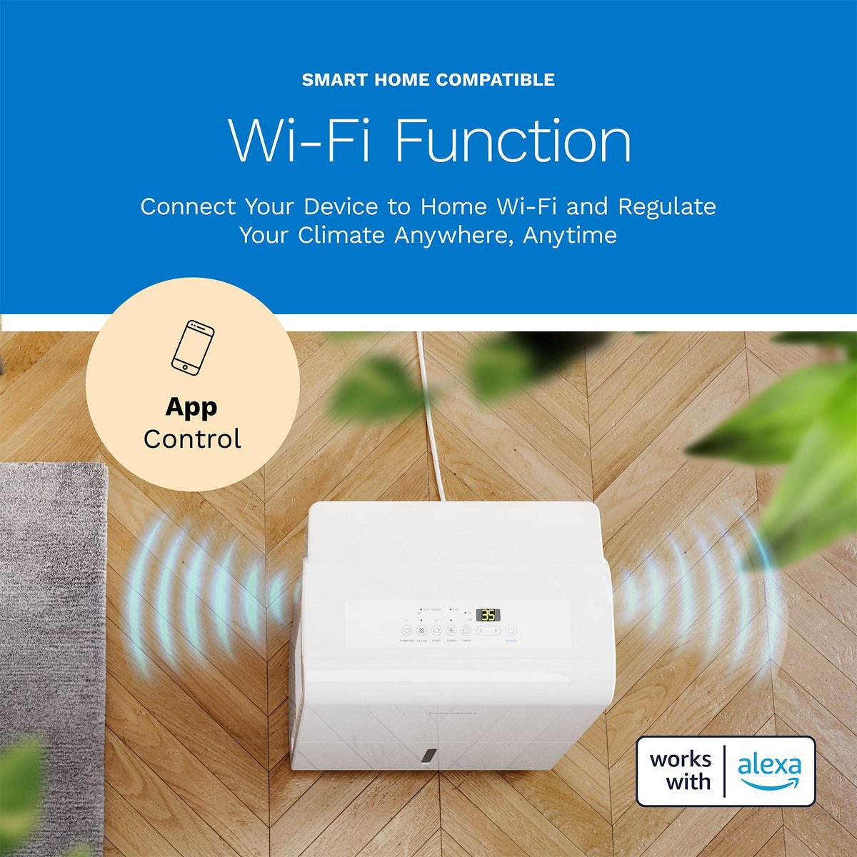 50 Pint Wi-Fi Dehumidifier for up to 7,000 Sq Ft Rooms (MAX 120 Pint at 95°F, 90% RH) with NO PUMP – Humidity Control for Large Rooms