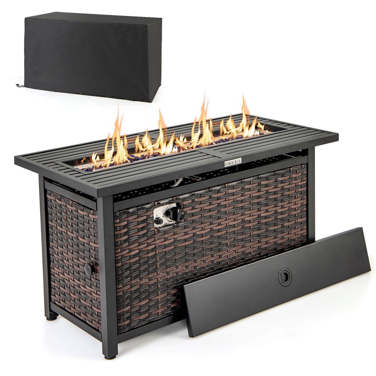 45 Propane Rattan Firepit Table with Glass Stones & Protective Cover Metal Frame