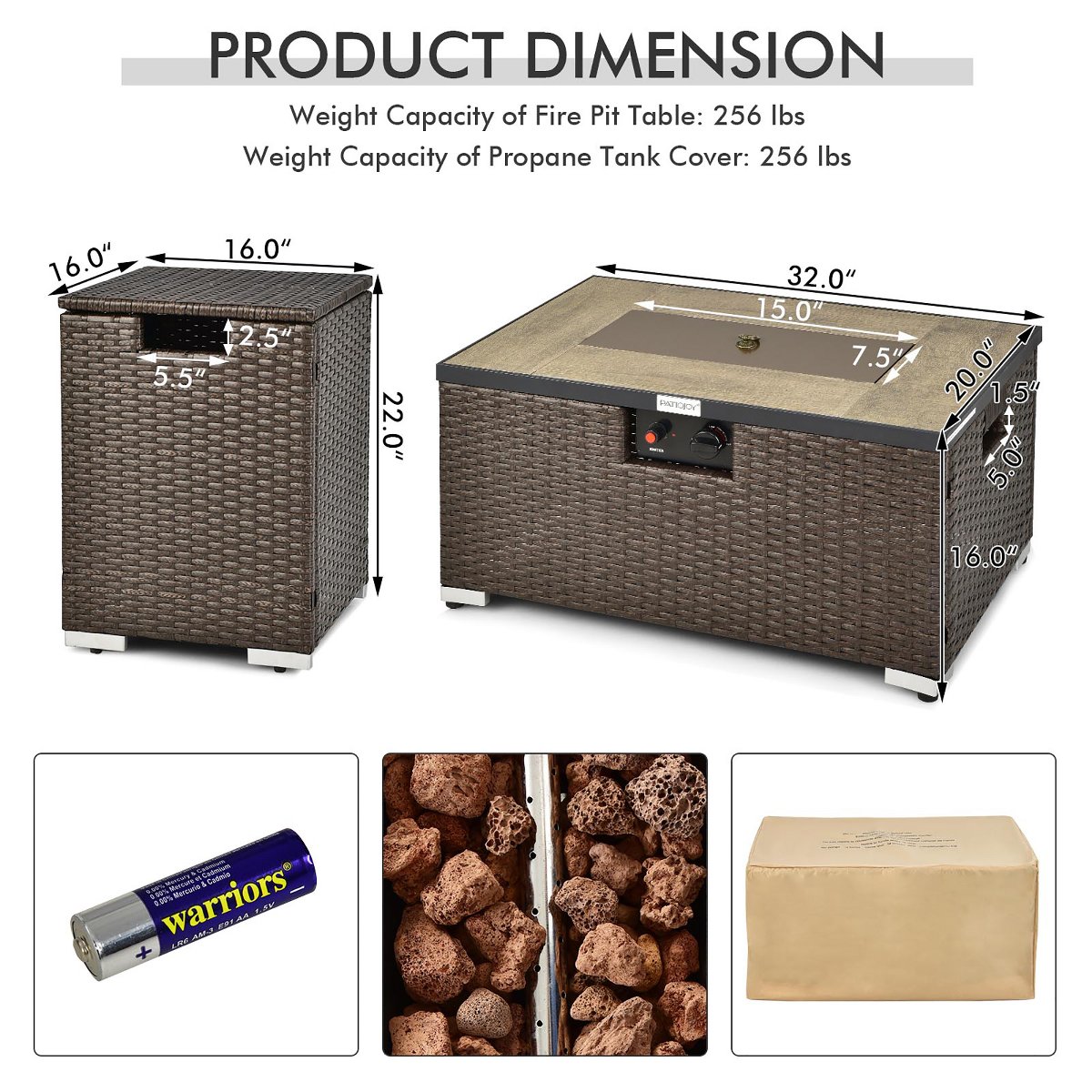 32x 20 Propane Rattan Fire Pit Table Set with Side Table Tank & Cover 40,000 BTU Grey/Coffee