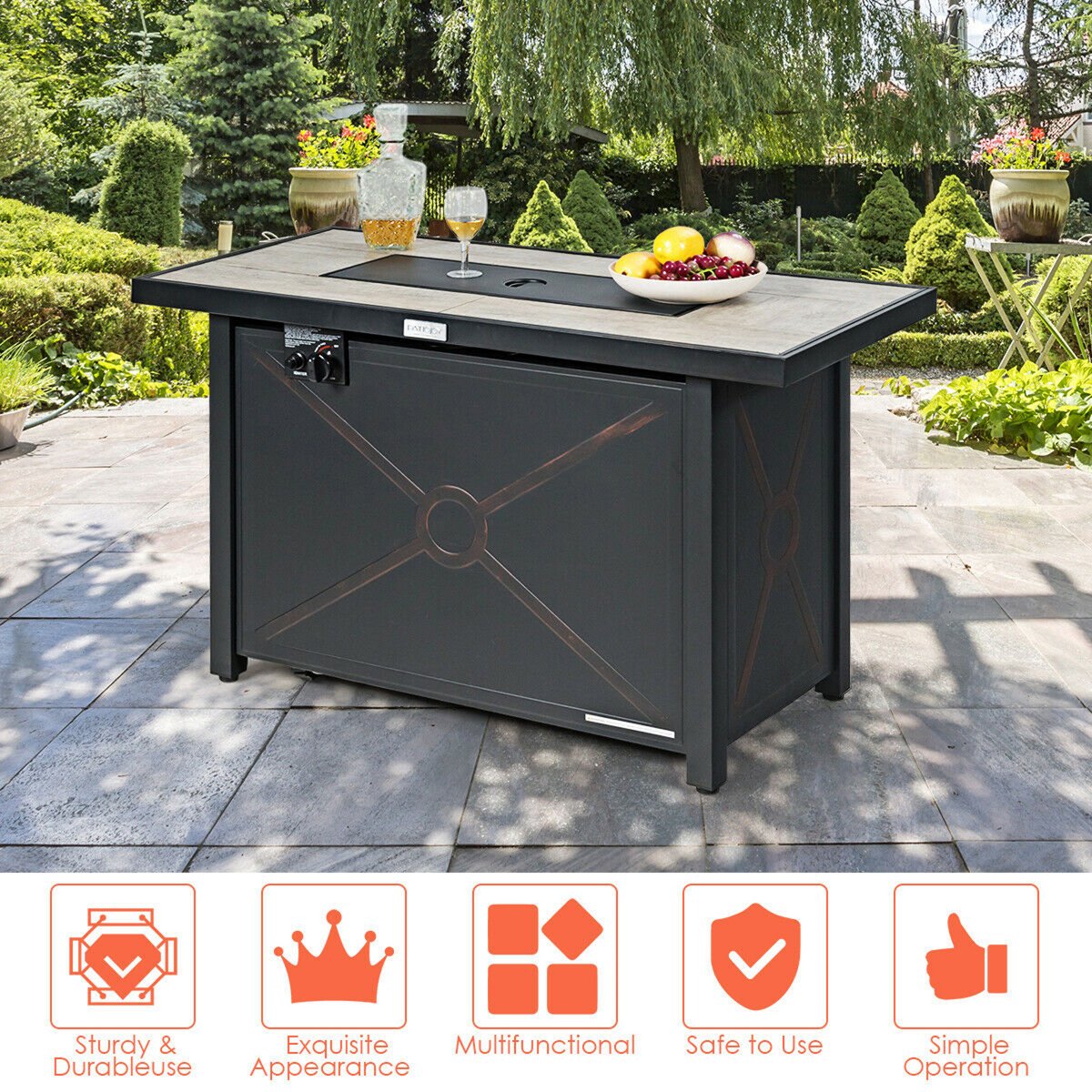 60,000 BTU 42'' Rectangular Propane Gas Fire Pit Heater Outdoor Table W/ Cover