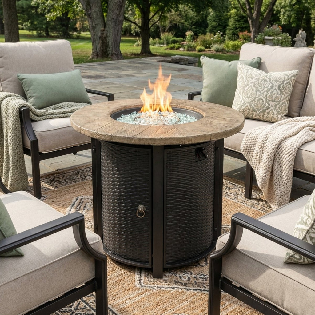 30 Propane Gas Fire Pit Table, 50,000 BTU Round Outdoor Fireplace with Wood Grain Top & Rain Cover, Black
