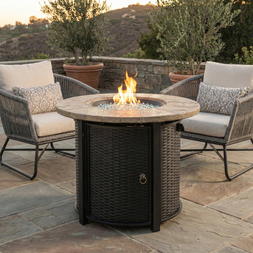 30 Propane Gas Fire Pit Table, 50,000 BTU Round Outdoor Fireplace with Wood Grain Top & Rain Cover, Black