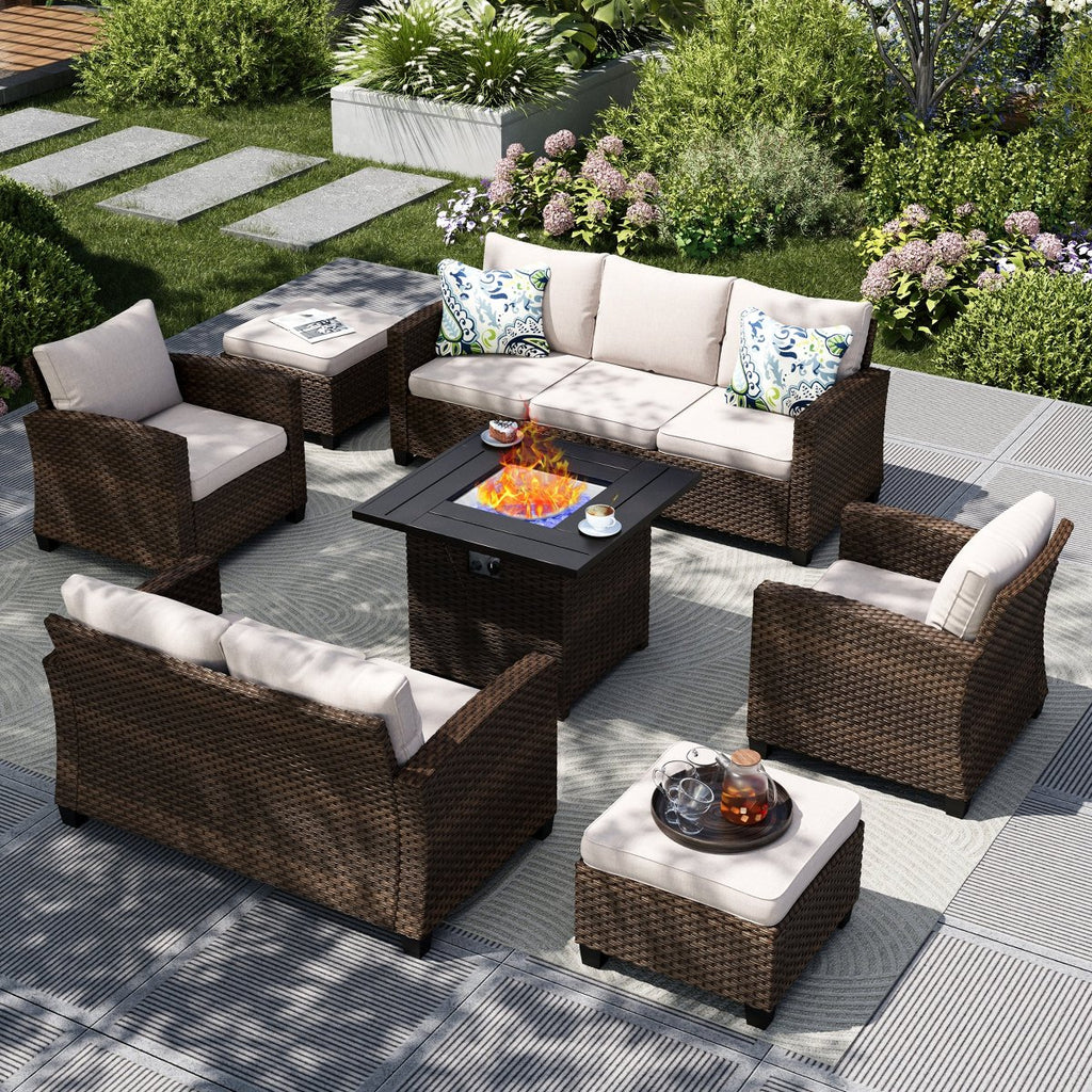 7pc Outdoor Patio Wicker Rattan Cushioned Fire Pit Set with Ottomans and Loveseat