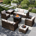 7pc Outdoor Patio Wicker Rattan Cushioned Fire Pit Set with Ottomans and Loveseat