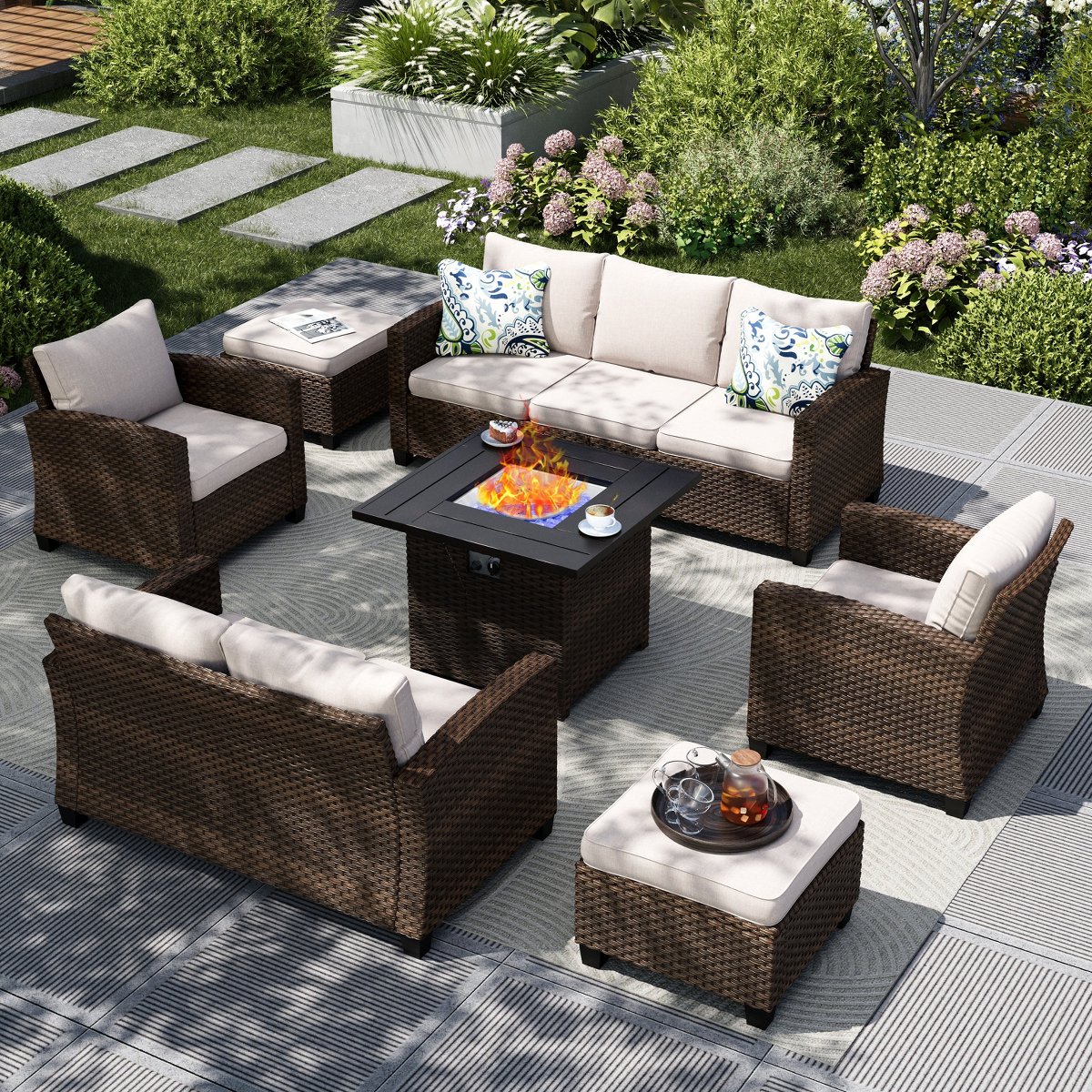 7pc Outdoor Patio Wicker Rattan Cushioned Fire Pit Set with Ottomans and Loveseat