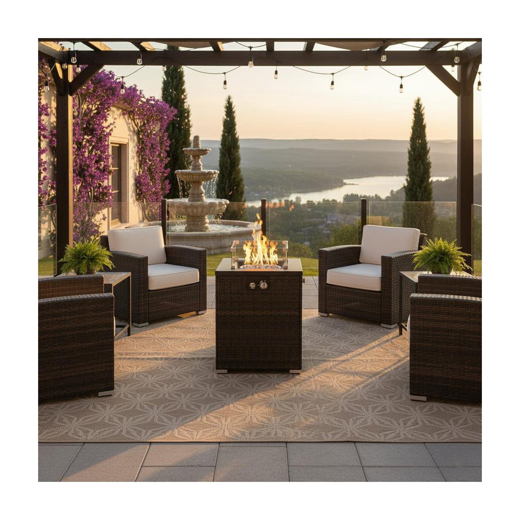 22 Propane Gas Fire Pit Table, 50,000 BTU Square Outdoor Fireplace with Wicker Base & Glass Guard, Dark Brown
