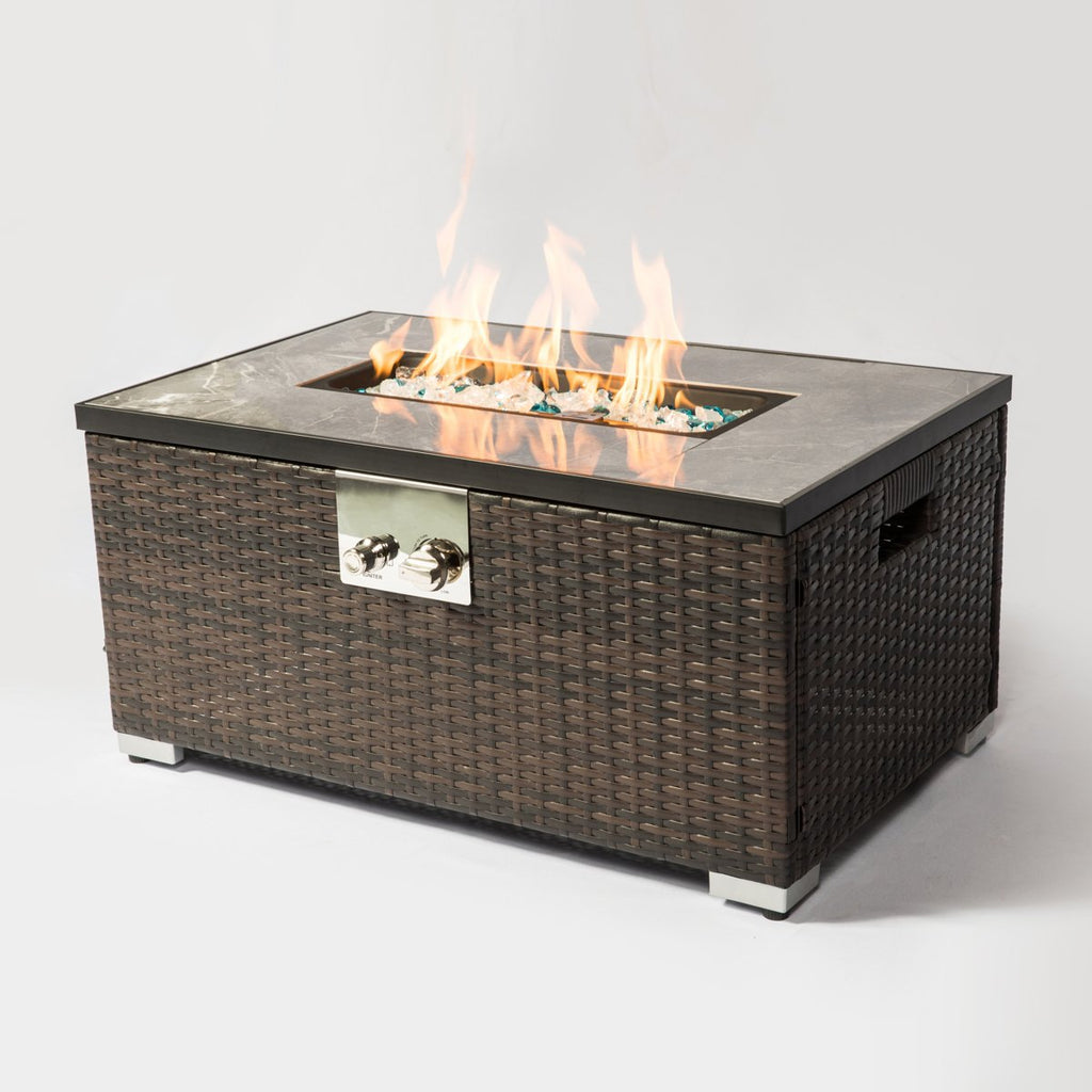 32 Propane Gas Fire Pit Table, 50,000 BTU Outdoor Tile Top Fireplace with Wicker Base & Cover, Brown