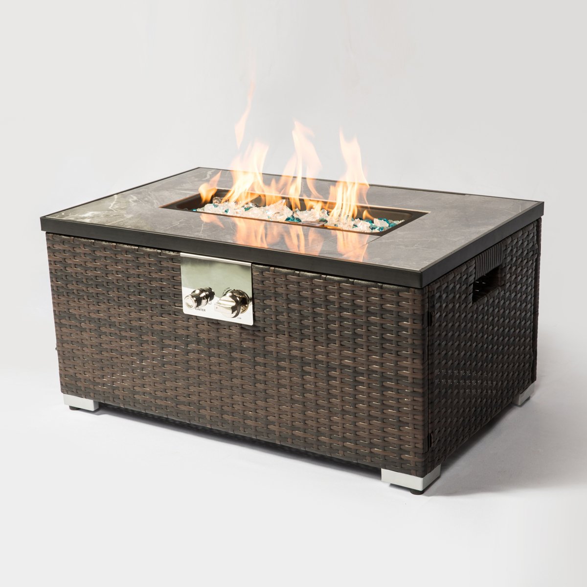 32 Propane Gas Fire Pit Table, 50,000 BTU Outdoor Tile Top Fireplace with Wicker Base & Cover, Brown
