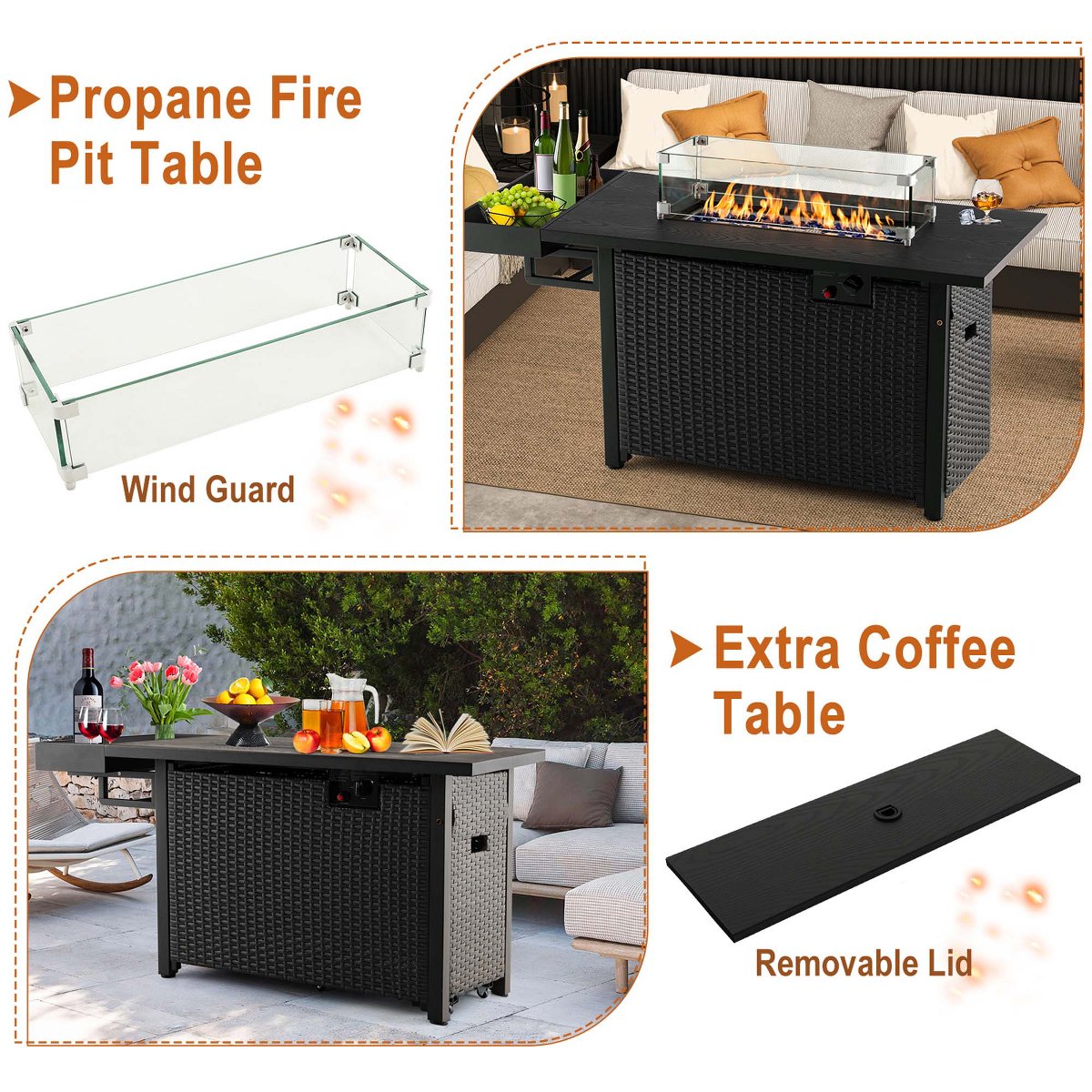 52'' Outdoor Gas Fire Pit Table Patio Propane Firepit with Cover 50,000 BTU Brown/Black