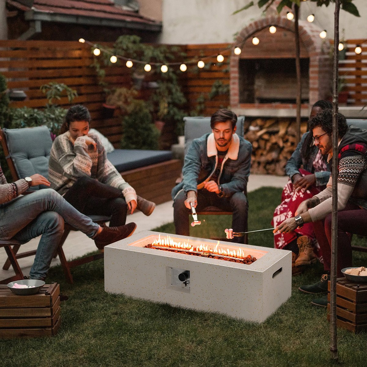 42'' Terrazzo Fire Pit Table 50,000 BTU Rectangle Propane Fire Pit with PVC Cover