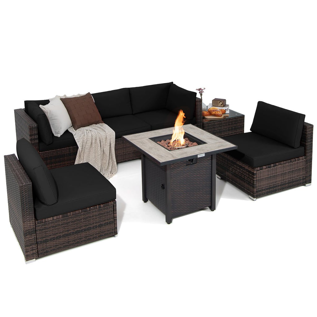 7PCS Patio Rattan Furniture Set 30'' Fire Pit Table Cover Cushion Sofa Off WhiteBlackNavyRedTurquoiseBrownBeige