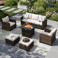 6pc Outdoor Patio Wicker Rattan Fire Pit Set with Cushioned Ottomans and Single Sofas