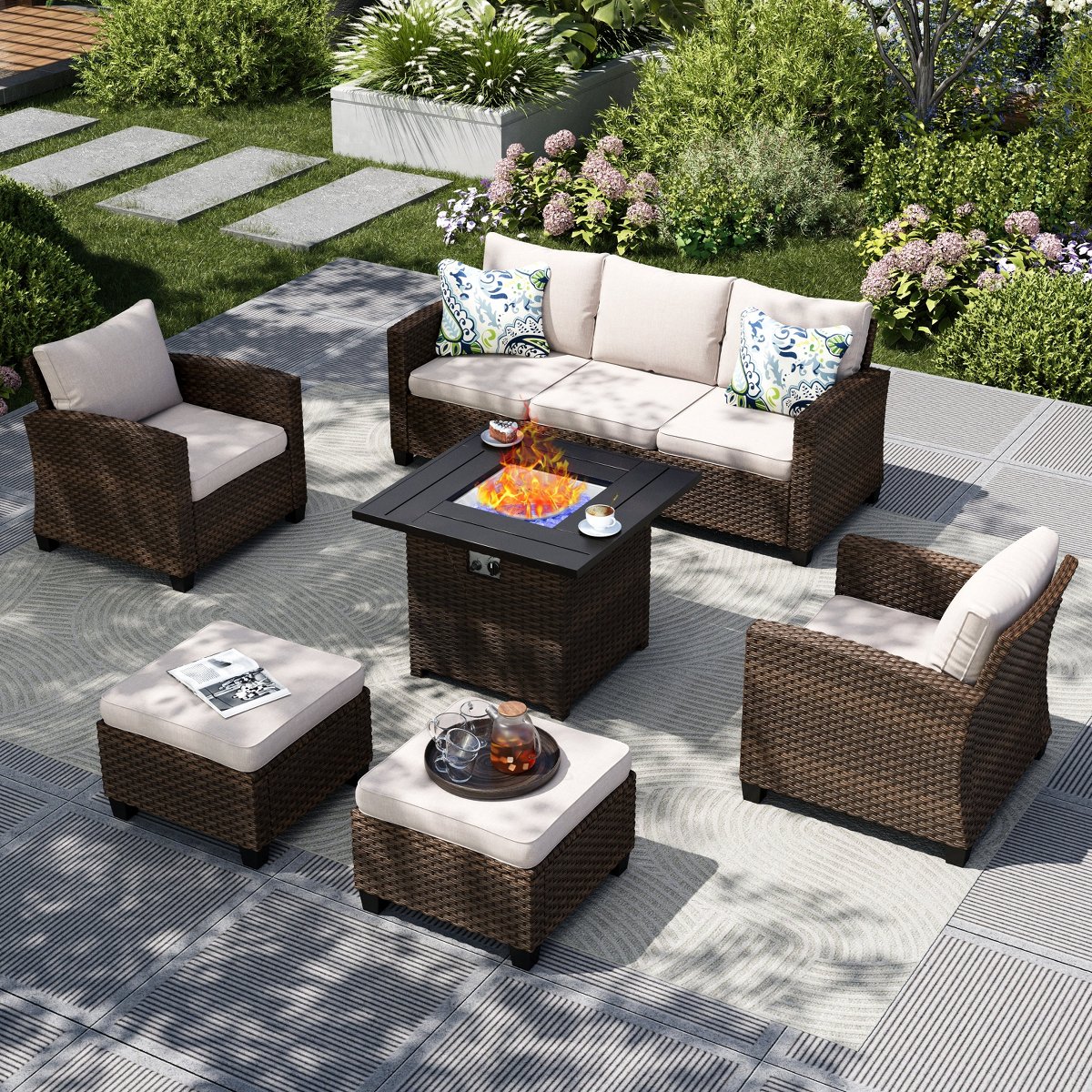 6pc Outdoor Patio Wicker Rattan Fire Pit Set with Cushioned Ottomans and Single Sofas