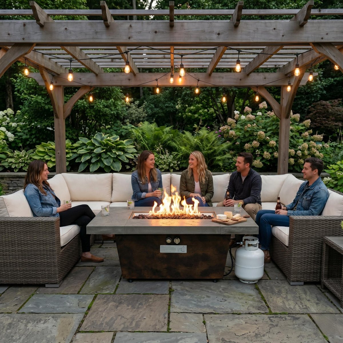 42 Outdoor Propane Gas Fire Pit Table 2-Pieces, 50000 BTU Rectangular Steel Fire Pit with Glass Wind Guard for Outside Patio Garden Courtyard -Gray