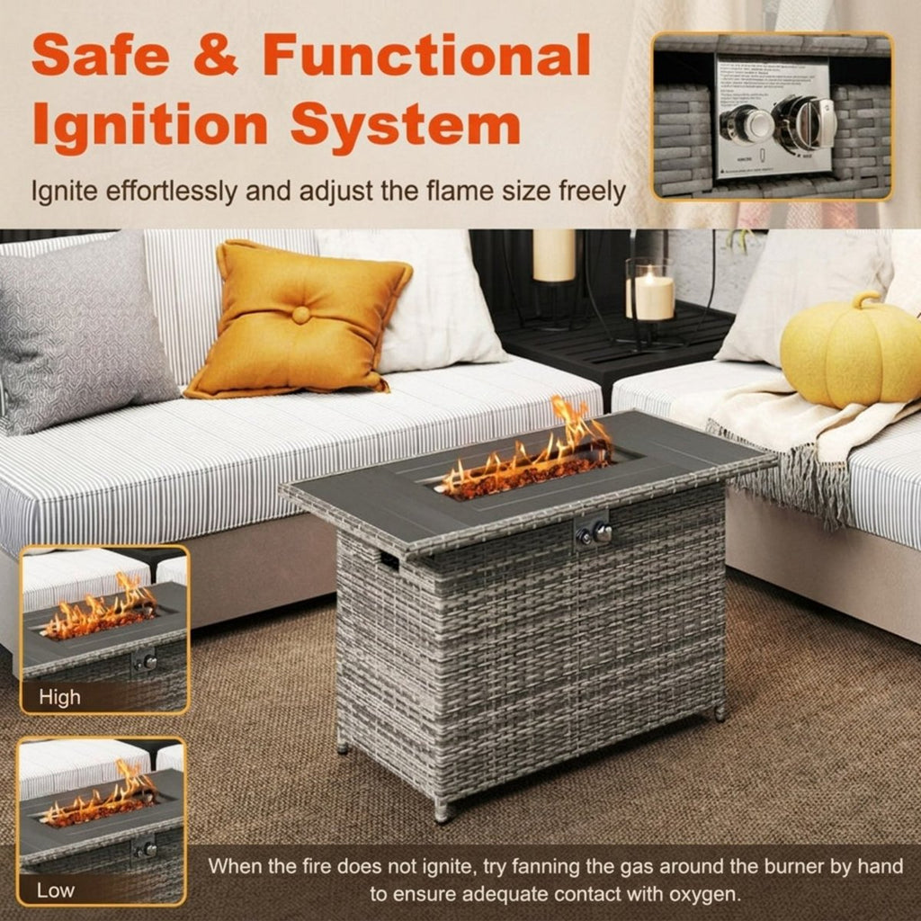 44.5-Inch Outdoor Fire Pit Table with Woven Rattan and Stainless Steel Burner, Doubles as a Patio Coffee Table, Gray